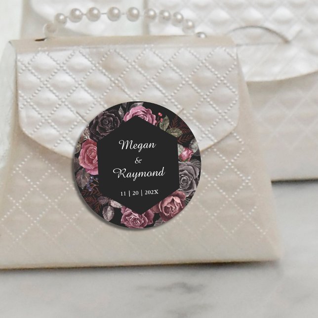 Pegatina Redonda Hasta la muerte | Boda negro gótico oscuro floral (Subido por el creador)