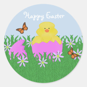 Pegatina Redonda Hatear al bebé pato feliz Pegatinas de Pascua
