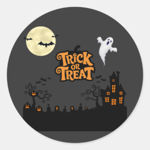 Pegatina Redonda Haunted Hill Silhouette clásica de Halloween Hou