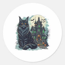 Pegatina Redonda Haunted House Watcher - Maine Coon Halloween