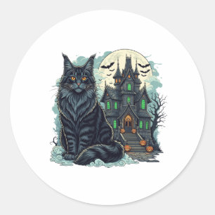 Pegatina Redonda Haunted House Watcher - Maine Coon Halloween