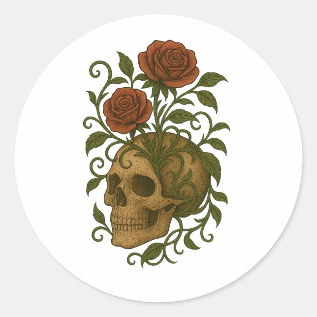 Pegatina Redonda Haunting Beauty  Skull and Roses Halloween Art (Anverso)