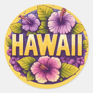 Pegatina Redonda Hawai Hibiscus Art Hawaiian Vacation Tropical