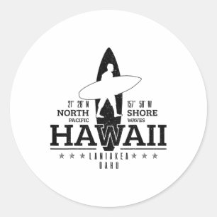Pegatina Redonda Hawái Surf Uaho Playa Costa Norte Surfista 