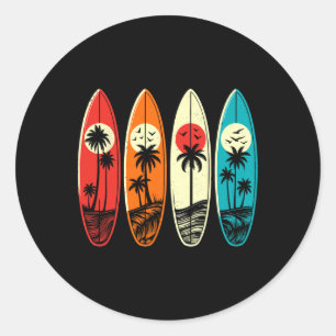 Pegatina Redonda Hawái Tropical Palma Surfing Playa Retro Surfboard