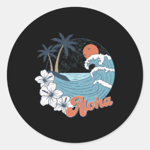 Pegatina Redonda Hawái Vintage Estado Aloha Playa Hawaiana Surfing
