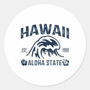 Pegatina Redonda Hawái Vintage Ola Estado Ola Surf Playa Hawaiana