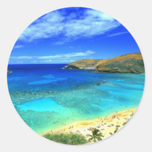Pegatina Redonda ¡Hawaiana de la playa de la bahía de Hanauma!