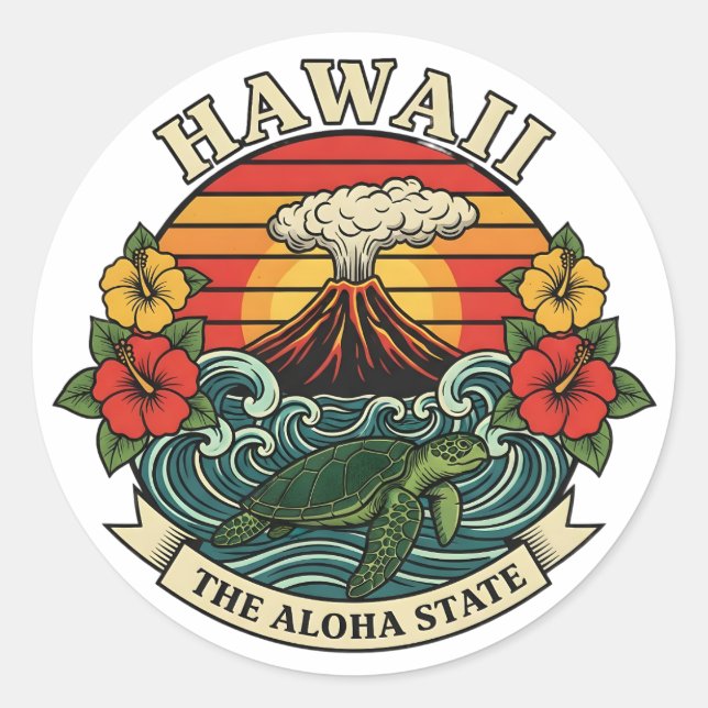 Pegatina Redonda Hawaii: The Aloha State (Anverso)