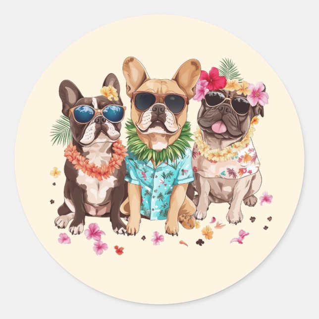 Pegatina Redonda Hawaiian French Bulldogs Flower Lei (Anverso)