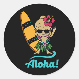 Pegatina Redonda Hawaiian Surfing Buddha Aloha Hawaii Beach Yoga 