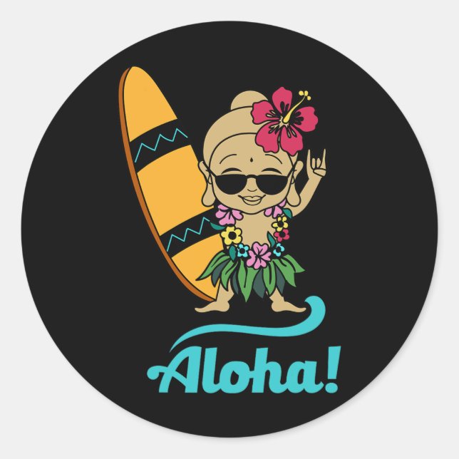 Pegatina Redonda Hawaiian Surfing Buddha Aloha Hawaii Beach Yoga  (Anverso)
