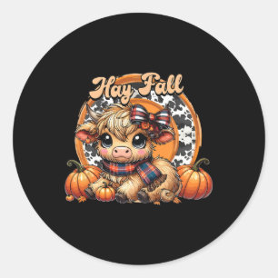 Pegatina Redonda Hay ahí Pumkin Highland Cow otoño Thanksgi otoño