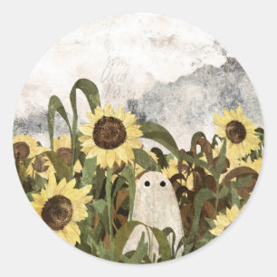 Pegatina Redonda Hay un fantasma en el campo de los girasoles otra 