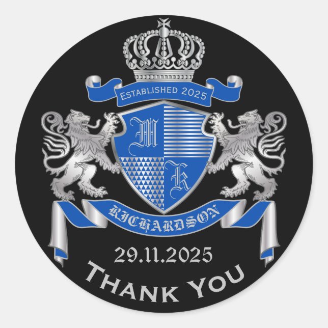 Pegatina Redonda Haz tu propio escudo de armas azul plateado emblem (Anverso)
