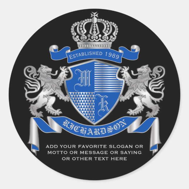 Pegatina Redonda Haz tu propio escudo de armas azul plateado emblem (Anverso)