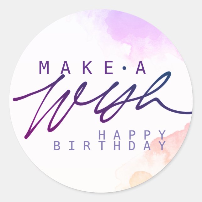 Pegatina Redonda Haz un deseo feliz cumpleaños en morado (Anverso)