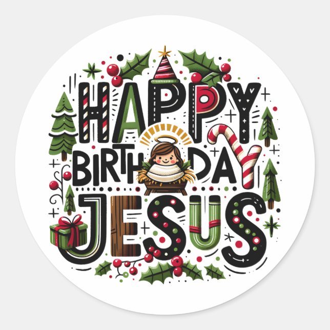 Pegatina Redonda HBD Jesus (Anverso)