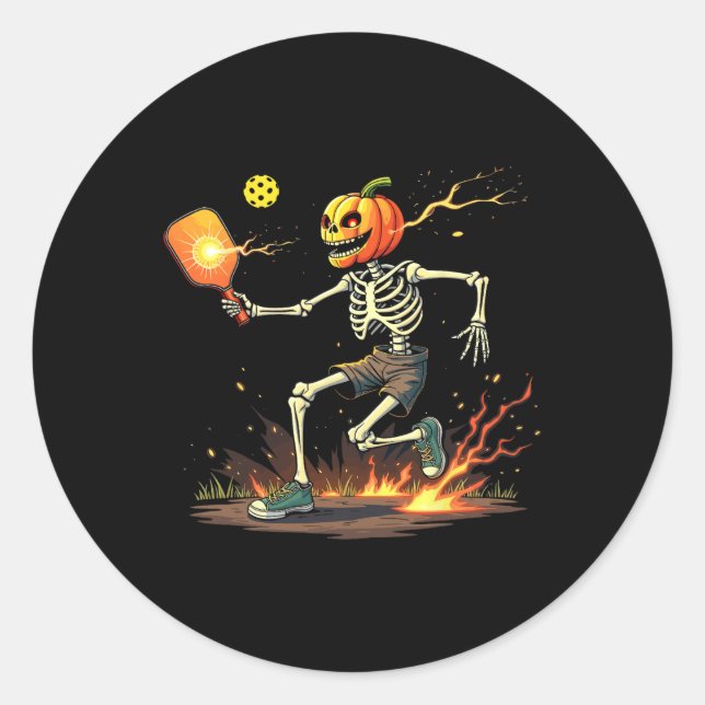 Pegatina Redonda Head Skeleton Pickleball Halloween Spooky Sports (Anverso)