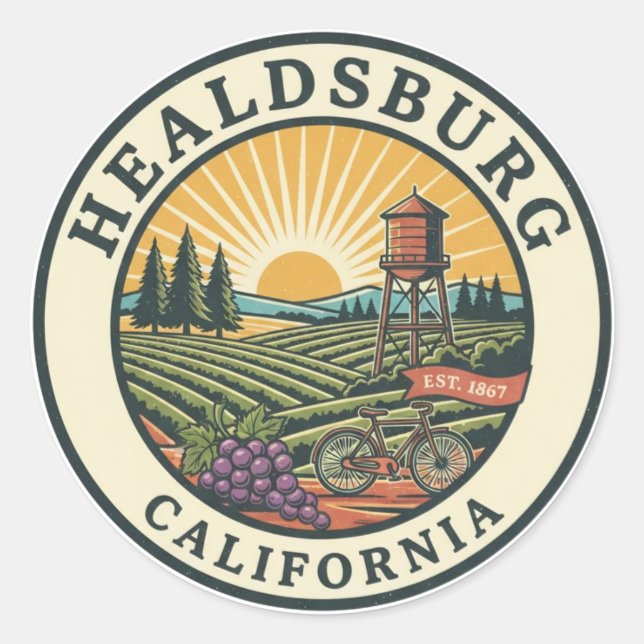 Pegatina Redonda Healdsburg California Travel (Anverso)