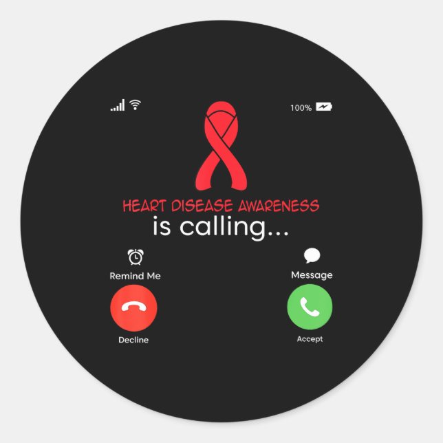 Pegatina Redonda Heart Disease Awareness Red Ribbon Heart Attack Su (Anverso)