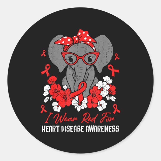 Pegatina Redonda Heart Health Elephant Red Ribbon Heart Disease Awa (Anverso)