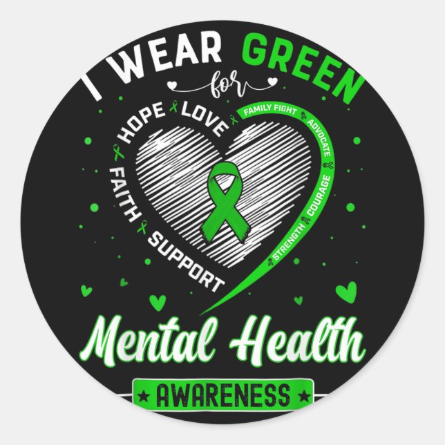 Pegatina Redonda Heart I Wear Green For Mental Health Awareness Mon (Anverso)