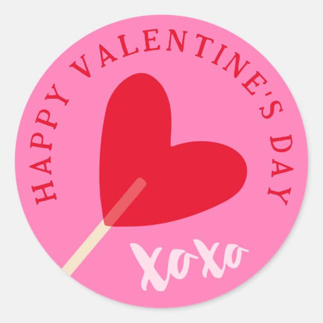 Pegatina Redonda Heart Lollipop XOXO Love Valentine's Day Pink Red (Anverso)