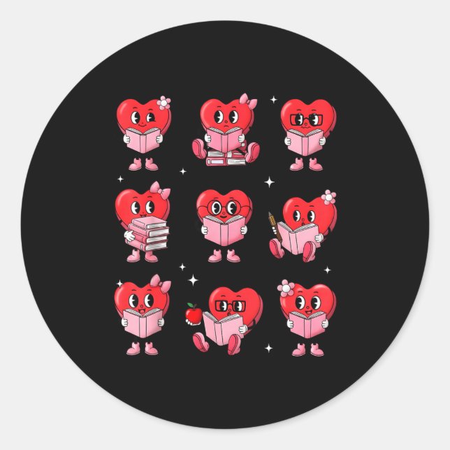Pegatina Redonda Heart Reading Books Valentine Teacher Boy Girl Boo (Anverso)
