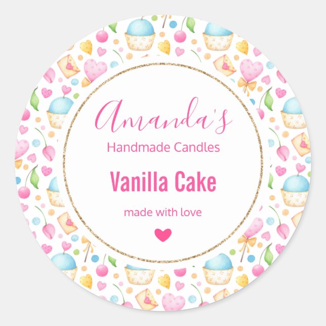 Pegatina Redonda Hearts and Muffins Watercolor Pattern Candle Biz (Anverso)