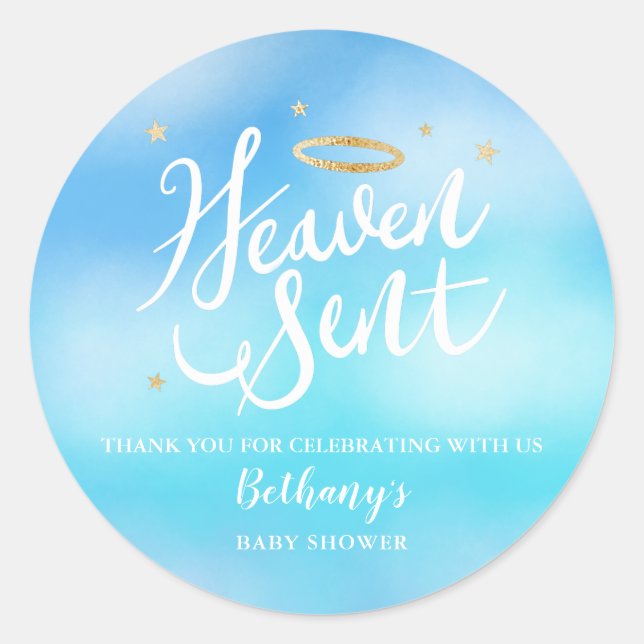Pegatina Redonda Heaven Sent Blue Baby Shower Favor (Anverso)