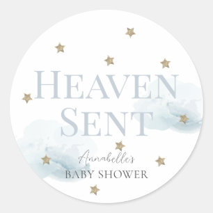 Pegatina Redonda Heaven Sent Blue Cloud Boy Baby Shower