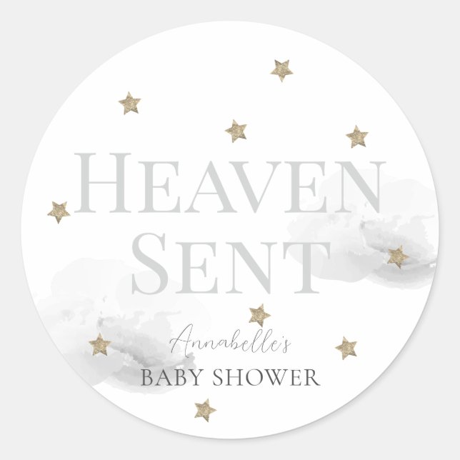 Pegatina Redonda Heaven Sent Gray Cloud Baby Shower neutral en cuan (Anverso)