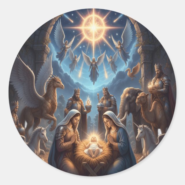 Pegatina Redonda Heavenly Nativity – Mythical Christmas Scene Stic (Anverso)