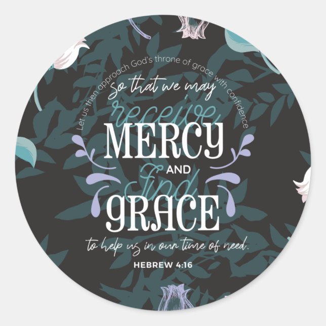 Pegatina Redonda Hebreo 4:16 cita negro sobre (Anverso)