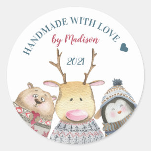 Pegatina Redonda Hecha a mano con amor Animales Cute invierno