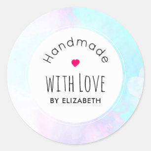 Pegatina Redonda Hecha a mano con amor Blue y Purple Watercolor mod