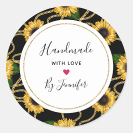 Pegatina Redonda Hecha a mano con amor Clásico de girasoles amarill