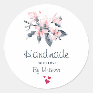 Pegatina Redonda Hecha a mano con amor Color de agua rosa y gris