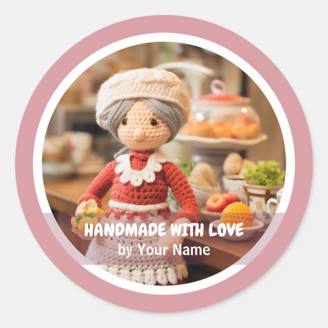 Pegatina Redonda Hecha a mano con amor Crochet lady cocina (Anverso)