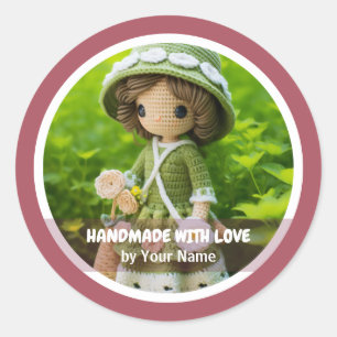 Pegatina Redonda Hecha a mano con amor Crochet lady garden