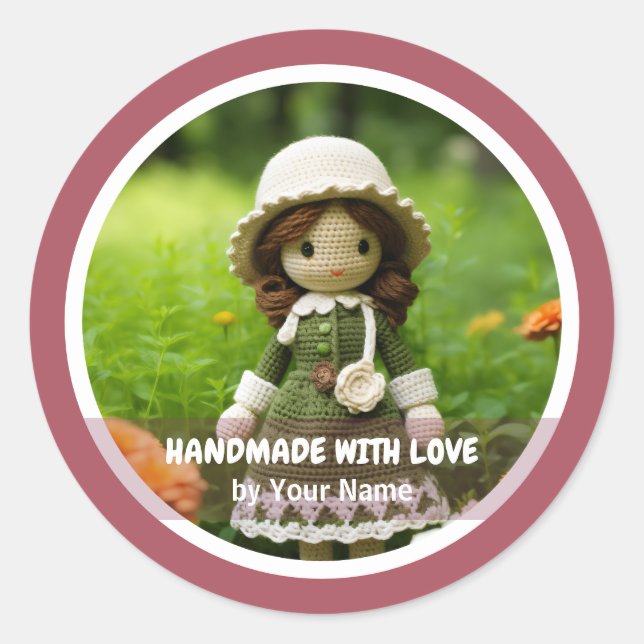 Pegatina Redonda Hecha a mano con amor Crochet lady garden (Anverso)