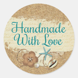 Pegatina Redonda Hecha A Mano Con Amor Nautical Beach Seashels Sand