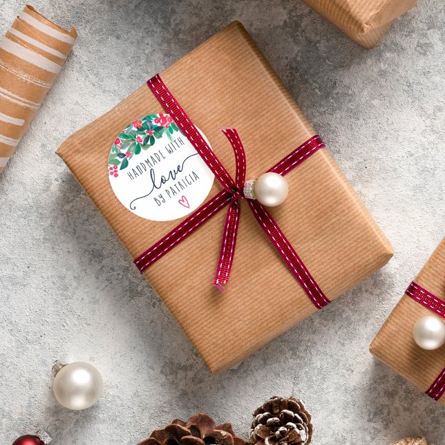 Pegatina Redonda Hecha a mano con amor Navidades florales acuarela (Subido por el creador)