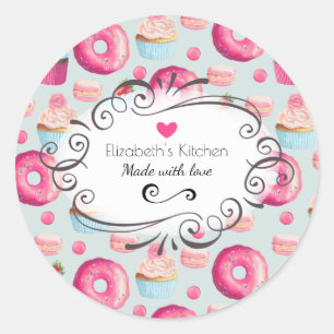 Pegatina Redonda Hecha con amor Donuts y macarons Cocina horneada