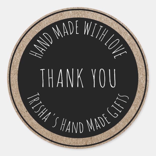 Pegatina Redonda Hecha con amor Gracias Kraft Black (Anverso)