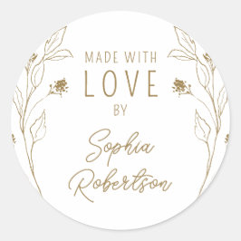 Pegatina Redonda Hecha con amor Línea personalizada Floral de arte