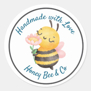 Pegatina Redonda Hecho a mano con Amor. Abeja linda Personalizado