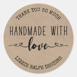 Pegatina Redonda Hecho a Mano con Amor Aspecto Kraft Personalizado