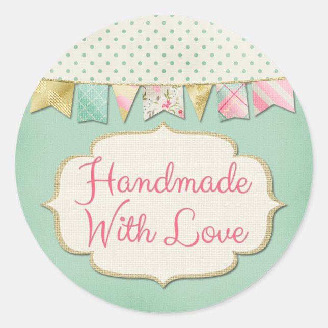 Pegatina Redonda Hecho a Mano con Amor Boutique Shabby Chic Bunting (Anverso)